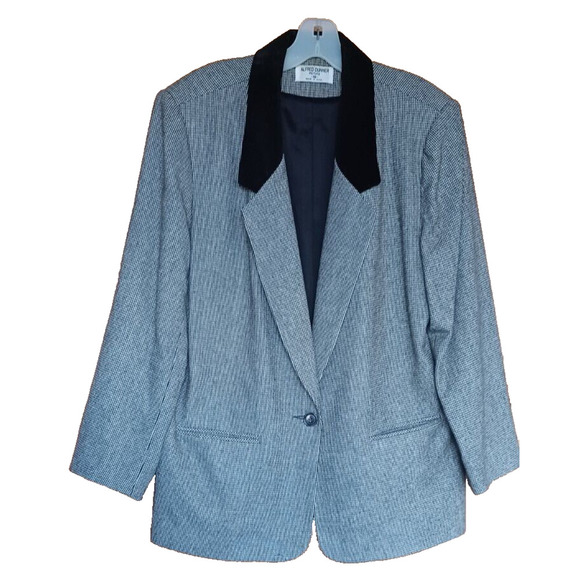 VTG ALFRED DUNNER Women's Black Plaid 100% Wool Blazer with Velvet collar 16P - Picture 1 of 5